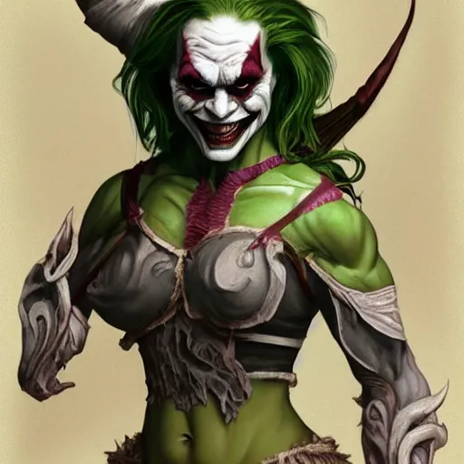 Image similar to portrait of michelle phan as the joker as a hulking herculean demon orc bugbear clown, godlike, upper body, fantasy, intricate, elegant, highly detailed, digital painting, artstation, concept art, sharp focus, illustration, art by artgerm and greg rutkowski and alphonse mucha