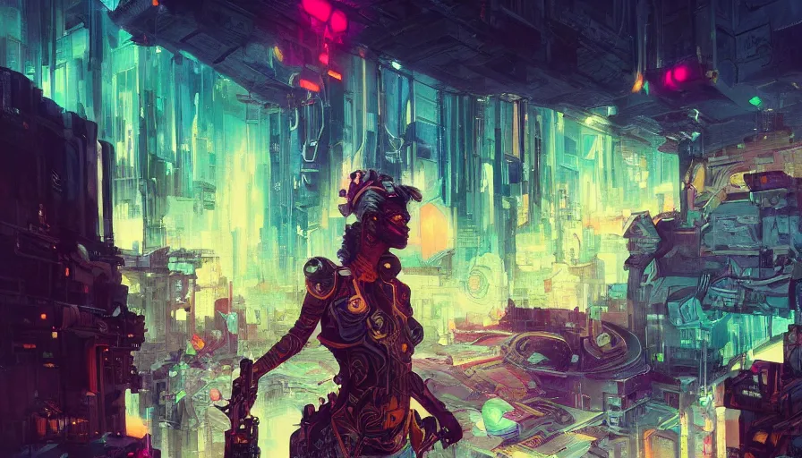 Image similar to psychedelic cyberpunk stylish woman soldier in a dark complex scifi vast detailed city, allegorical style, by peter mohrbacher, jeremy mann, francoise nielly, van gogh, ross tran, beautiful, award winning scenery