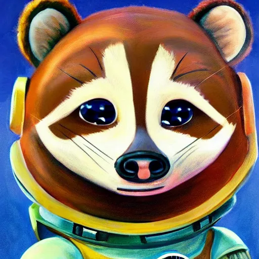 Prompt: painting of an anthropomorphic furry cute baby raccoon astronaut by disney, pixar