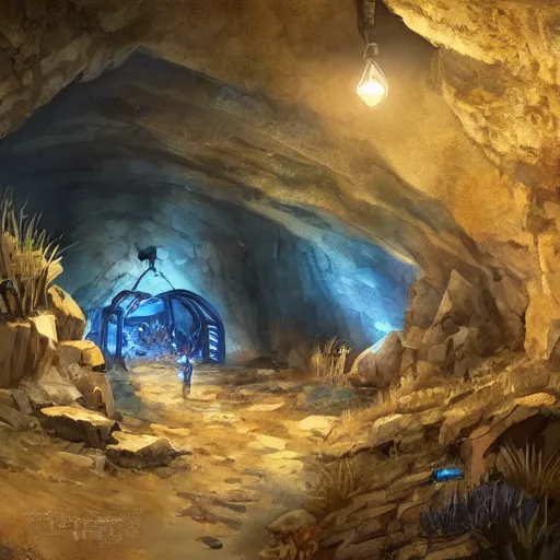 Prompt: concept art painting of inside a historic mine mineshaft cave with blue crystals, realistic, detailed, cel shaded, in the style of makoto shinkai and greg rutkowski and james gurney