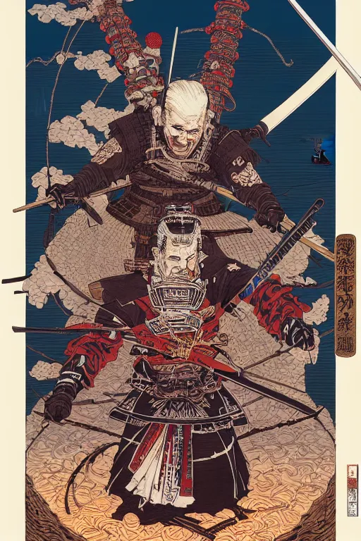 Image similar to poster of joe biden as a samurai, by yoichi hatakenaka, masamune shirow, josan gonzales and dan mumford, ayami kojima, takato yamamoto, barclay shaw, karol bak, yukito kishiro, highly detailed