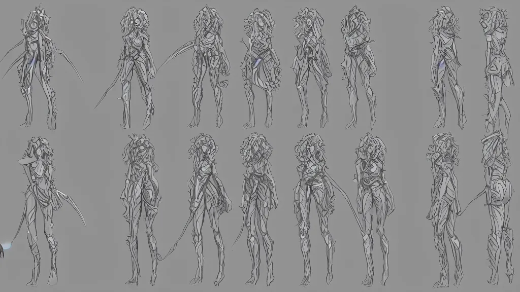 Image similar to a fantasy curly haired female elf druid character design sheet, trending on artstation