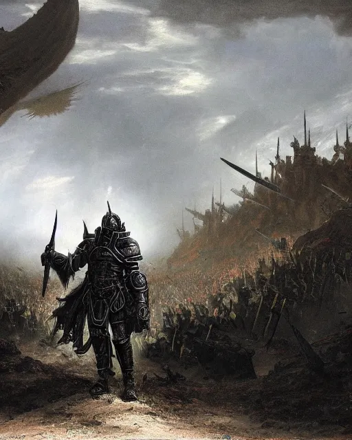 Prompt: a heavily armoured death knight standing in a battlefield of fallen, by thomas cole and wayne barlowe