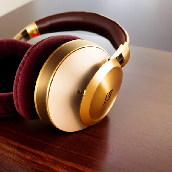 Prompt: beautiful stunning meze classics headphones on a mahogany desk next to a vacuum amp, modernist headphones, wood headphones hyperrealistic, gold metals, audiophile, intricate high detail, extreme quality, photographic, meze audio, sennheiser