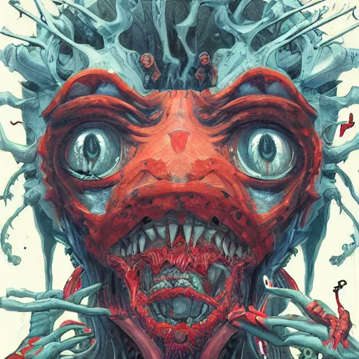 Image similar to monster of monsters. illustration by james jean and satoshi kon and erik jones, inspired by evangelion, smooth feature, intricate oil painting, high detail illustration, sharp high detail