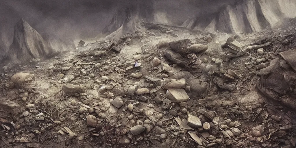 Image similar to landslide, debris, illustration, detailed, smooth, soft, cold, by Adolf Lachman, Shaun Tan, Surrealism