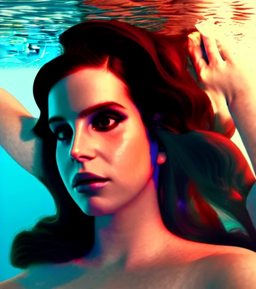 Image similar to underwater portrait of lana Del Rey as a cyborg, octane render, kingdom come by Alex Ross