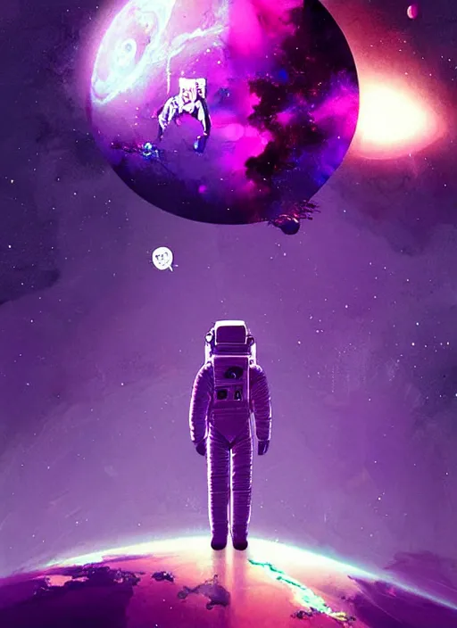 Prompt: sci - fi art, astronaut watching earth from space, purple nebula in the background, art by ismail inceoglu