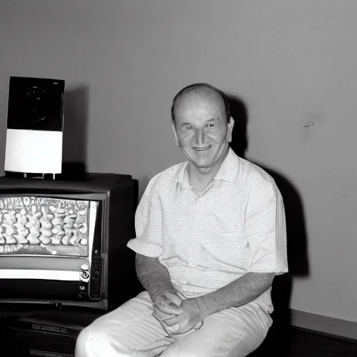 Image similar to a photo of a man sitting infront of a 1 9 9 0 s computer, he is smilling at the camera, he is a 3 meters away from the camera, light coming from the camera, taken on a 1 9 9 0 s camera.