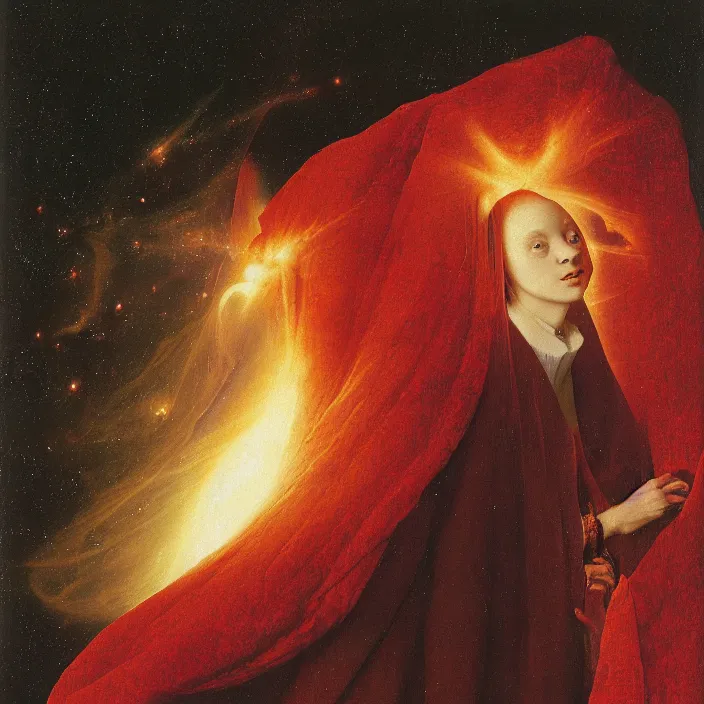 portrait of a medieval scarlet hooded woman priestess