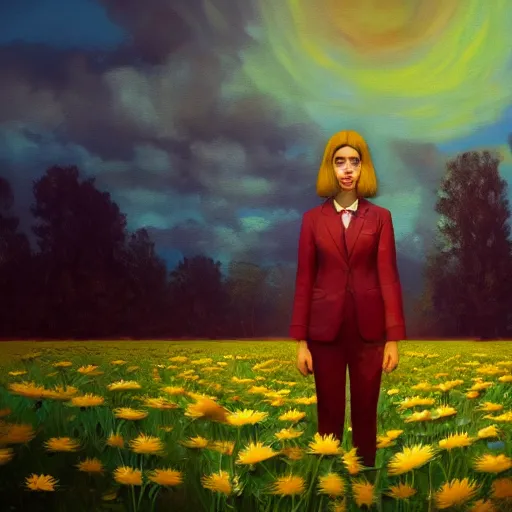 Image similar to giant daisy flower head, frontal, girl in a suit, surreal photography, sunrise, dramatic light, impressionist painting, digital painting, artstation, simon stalenhag