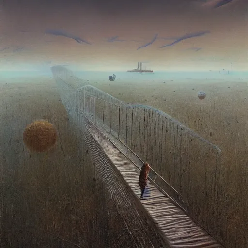 Prompt: A beautiful painting of A bridge over a plain by Zdzisław Beksiński and Ilya Repin,In style of Post-Apocalyptic.digital art, illustration,hyper detailed,smooth, sharp focus,trending on artstation,oil on the canvas,4k