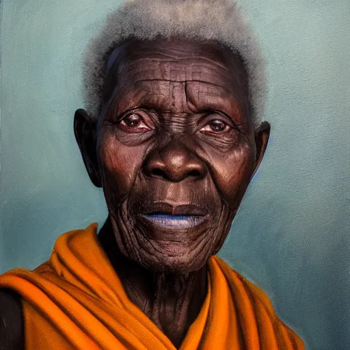 Image similar to a painting of a wise elder from Kenya by Lynette Yiadom-Boakye . dramatic angle, ethereal lights, details, smooth, sharp focus, illustration, realistic, cinematic, artstation, award winning, rgb , unreal engine, octane render, cinematic light, macro, depth of field, blur, red light and clouds from the back, highly detailed epic cinematic concept art CG render made in Maya, Blender and Photoshop, octane render, excellent composition, dynamic dramatic cinematic lighting, aesthetic, very inspirational, arthouse.