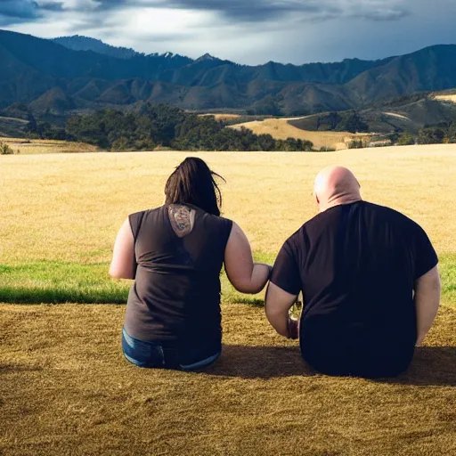 Image similar to portrait of a young chunky bald white male tattoos and his young white female brown hair wife with tattoos. male is wearing a white t - shirt, tan shorts, white long socks. female is has long brown hair and a lot of tattoos. photo taken from behind them overlooking the field with a goat pen. rolling hills in the background of california and a partly cloudy sky