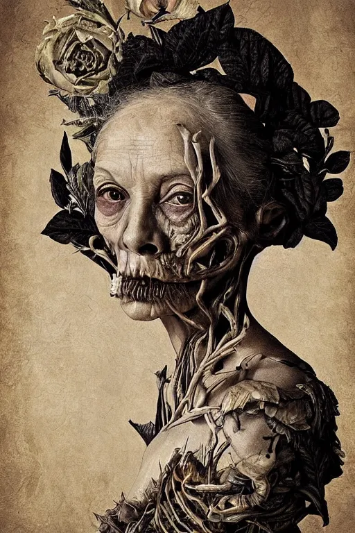 Image similar to Detailed maximalist portrait of a beautiful old woman with large lips and eyes, scared expression, botanical skeletal with extra flesh, HD mixed media, 3D collage, highly detailed and intricate, surreal illustration in the style of Caravaggio, dark art, baroque, centred in image