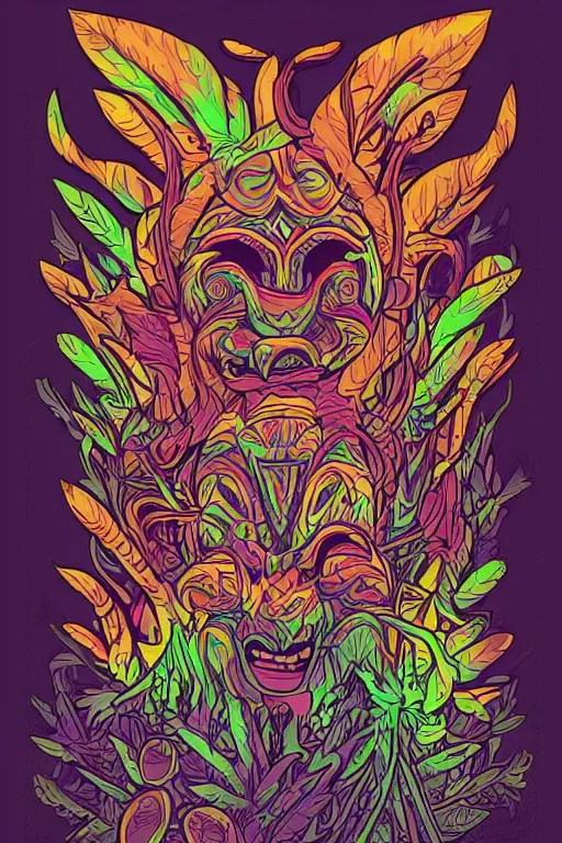 Image similar to animal mask totem roots flower tribal feather gemstone plant wood rock shaman vodoo video game vector cutout illustration vivid multicolor borderlands comics by josan gonzales and dan mumford radiating a glowing aura