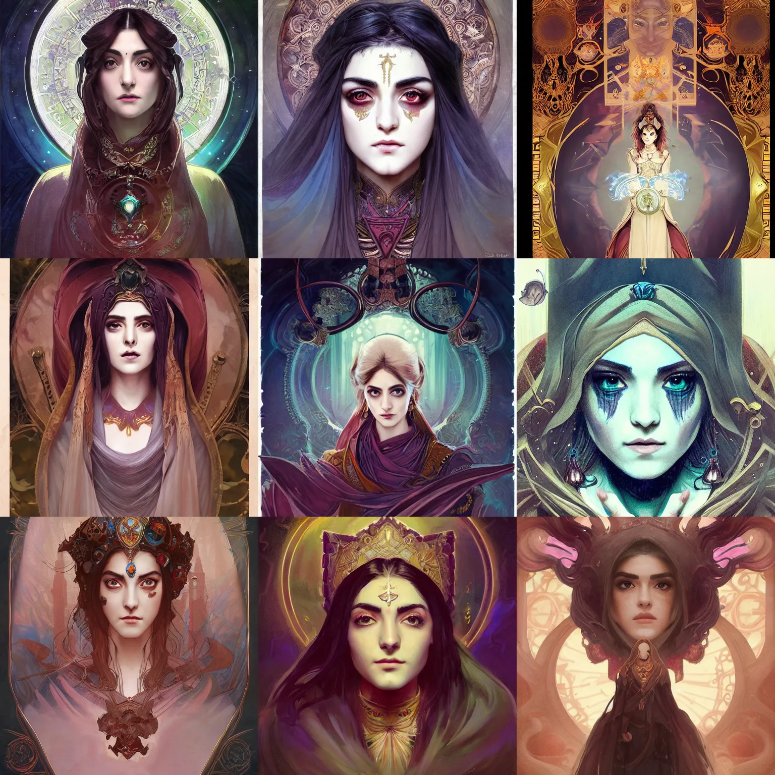 Prompt: masterpiece head-on symmetrical centered painted portrait, Maya Ali as D&D sorcerer, Gloomhaven game style, wearing wizard robes, elegant, tarot card background, in the style of ROSSDRAWS and Ruan Jia and Ross Tran and Alphonse Mucha and Ayami Kojima and Charlie Bowater and Karol Bak and Jean Delville, pixar, maya engine, splash comics, global illumination lighting, rich bright colours