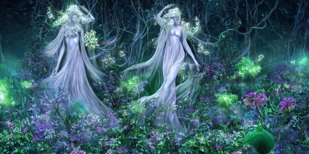 Image similar to glowing delicate flower and mushrooms that grow in a dark fatansy forest on the planet Pandora, an idealistic marble statue with fractal flowery hair in a fractal garden, symmetrical,