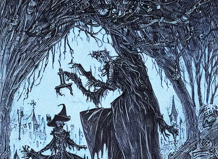 Image similar to blue woodcut print cartoon, halloween witch in graveyard at midnight by greg rutkowski, fine details, highly detailed