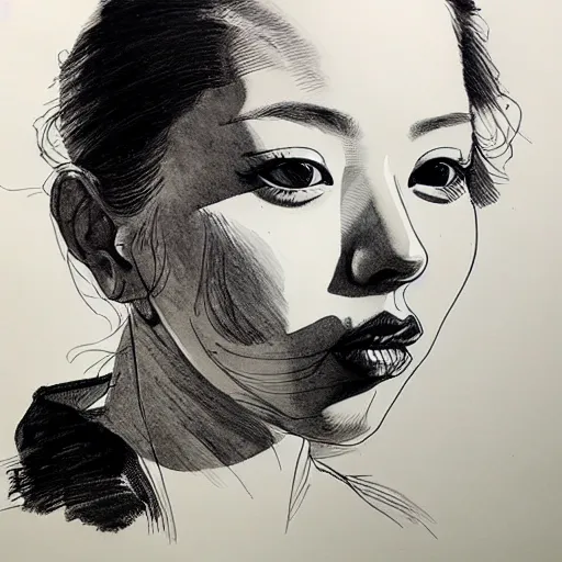 Prompt: ink drawing portrait of a woman in suit byjung gi kim, jenny saville