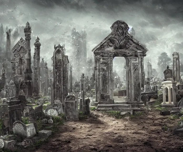 Image similar to a city of tombs and tombstones, graveyard landscape, giant grave structures, giant tomb structures, dark fantasy, digital art, fantasy art