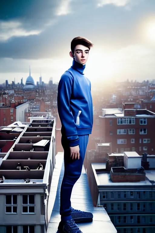 Image similar to un ultra high definition studio quality photographic art portrait of a young man standing on the rooftop of a british apartment building wearing soft padded silver pearlescent clothing. three point light. extremely detailed. golden ratio, ray tracing, volumetric light, shallow depth of field. set dressed.