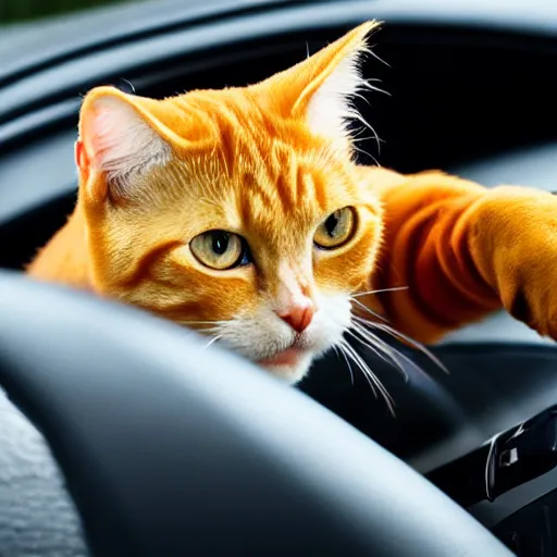 an orange tabby cat driving a car, his paws are on the | Stable ...