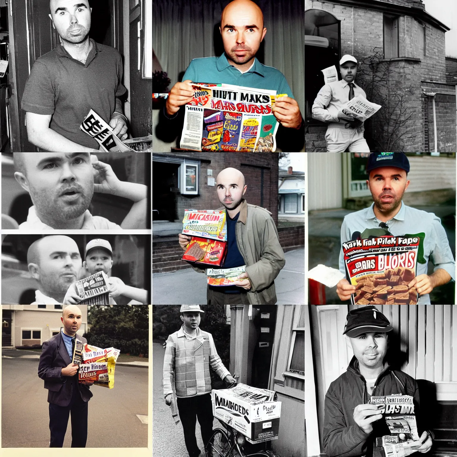 Prompt: karl pilkington delivering newspapers, eating mars bar candy, color, 1 9 8 7