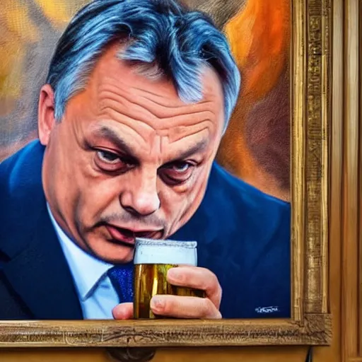 Image similar to viktor orban with a beer, anatomically correct, oil painting, hyper realistic, 8 k, highly detailed