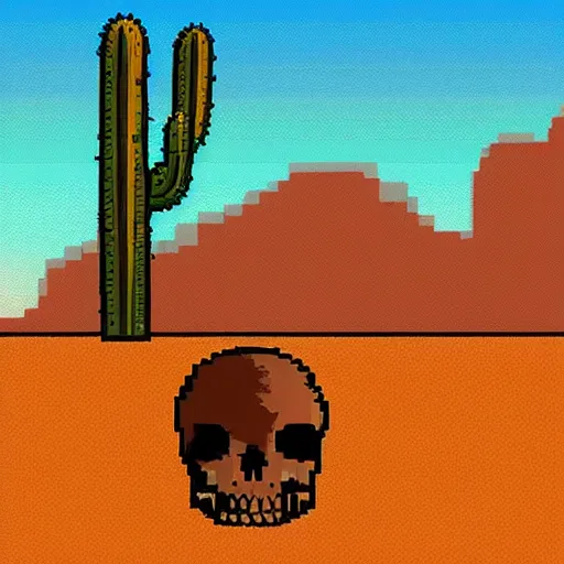 Image similar to A desert at sunset, mesa, cactus, animal skull, pixel art, artstation