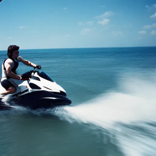 Prompt: photo of tom cruise riding jetski, cinestill, 800t, 35mm, full-HD