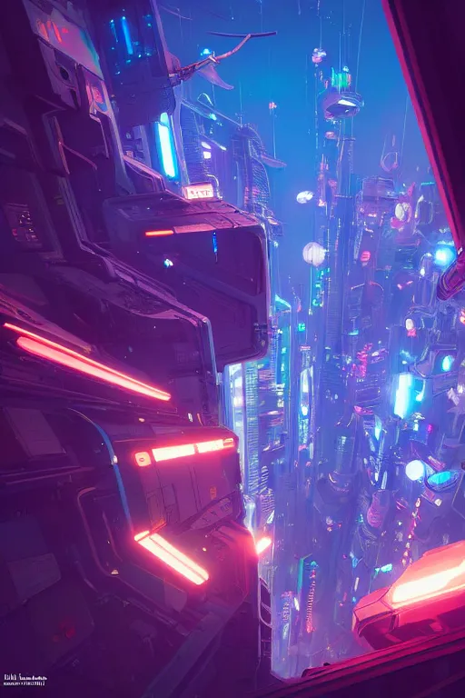 Prompt: A picture of an astronaut close to the camera in a upside down cyberpunk flying city by moebius, Neil Blevins and Jordan Grimmer, neon lights, surreal, :-volumetric lighting