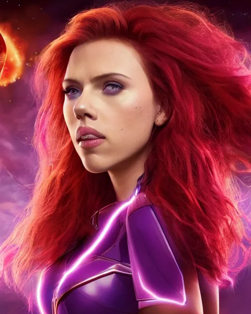 Prompt: scarlett johansson portraying a beautiful starfire, beautiful scarlett johansson starfire, movie, hyper realistic, hollywood promotional image, imax, 8 k