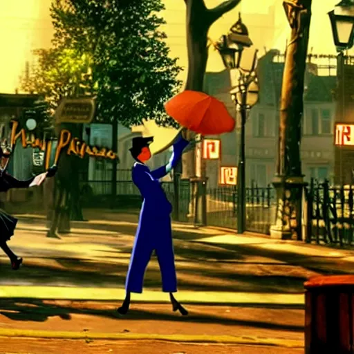 Image similar to a still of from the movie mary poppins crossover with the game streets of rage 2