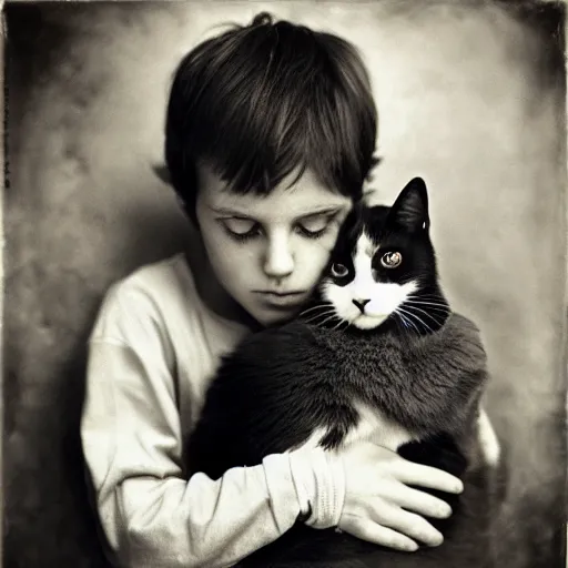 Image similar to a beautiful boy holding a cat, by sally mann