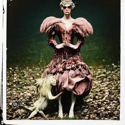 Image similar to damaged kodak portra 4 0 0, wetplate, photo of a surreal artsy dream scene,, very beautiful model, weird fashion, grotesque, extravagant dress, strange pose, carneval, with an animal, wtf, photographed by paolo roversi style