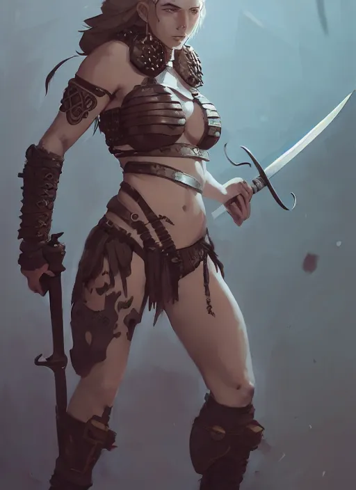 Prompt: portrait of cute muscular warrior girl cowered in celtic tattoos, dressed in armor bikini, holding a sword, dark fantasy, by atey ghailan, by greg rutkowski, by greg tocchini, by james gilleard, by joe gb fenton, by kaethe butcher, dynamic lighting, gradient light blue, brown, blonde cream and white color in scheme, grunge aesthetic