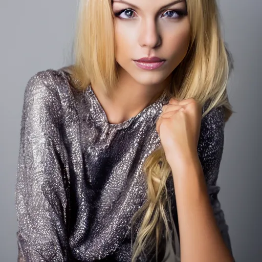 Image similar to a blonde women, young, slim, fashion model body, wearing a gold shirt, in a photography studio, CANON Eos C300, ƒ1.8, 35mm, 8K, medium-format print