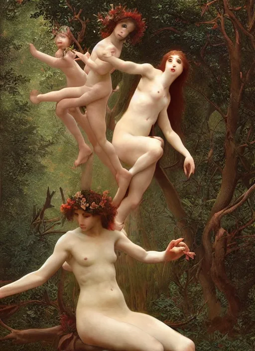 Image similar to photo of a pagan nymps dancing with fawns having a profound lifechanging psychedelic experience in a deep thorns bones bloody forest , by william-adolphe bouguereau and Austin Osman Spare and Takato Yamamoto, high resolution, rendered in octane 3d