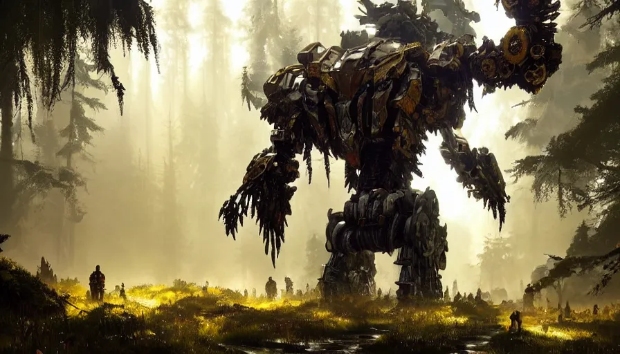 Image similar to large walking mech covered in gold and silver armor, horizon zero dawn aesthetic, covered in moss and birds, glowing lights, beautiful forests and trees, intricate detail, epic wallpaper, art by darek zabrocki and John Park and Feng Zhu and Jason Chan, trending on artstation, masterpiece.