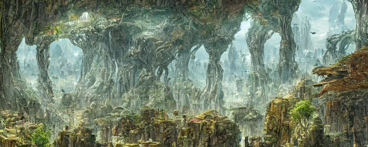 Prompt: internal Cristal City in the internal earth with lots of vegetation and beautiful strange animals. by moebius, epic composition, sci-fi, intricate, elegant, highly detailed, digital painting, sharp focus