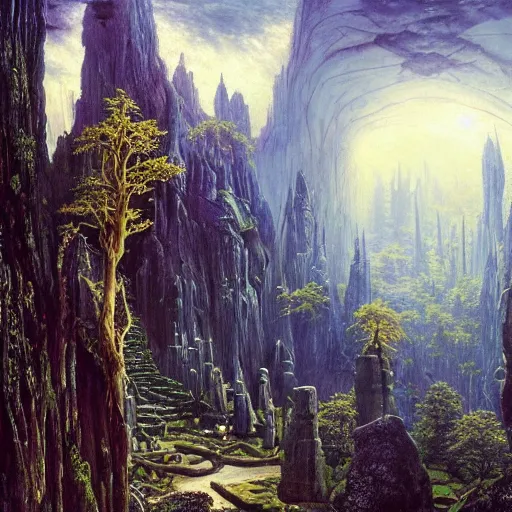 Image similar to a beautiful and highly detailed oil painting of an elven temple deep in the misty mountains, secret valley, tall spires, beautiful trees, runes carved into the stone, intricate details, epic scale, insanely complex, 8 k, sharp focus, hyper realism, fantasy landscape, psychedelic, by caspar friedrich, brian froud, albert bierstadt,