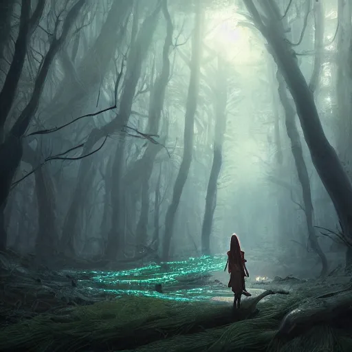 Image similar to a wide shot of beautiful greek goddess in a bioluminescent ancient dark forest, greg rutkowski, 8 k, shallow depth of field, ultra high detail, concept art,