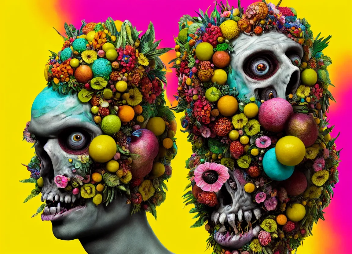 Prompt: headshot of a trickster nature zombie, head made of fruit and flowers in the style of arcimboldo, covered with iridescent bubbles, made by greg rutkowski, digital illustration, dynamic lighting, action figure, clay sculpture, claymation, turquoise pink and yellow, rainbow stripe backdrop