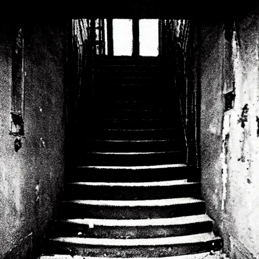 Image similar to grainy photograph of a dark and dilapidated staircase, positioned at the bottom step looking up the staircase, a ghost that looks like 2 1 savage in the darkness at the top of the stairs