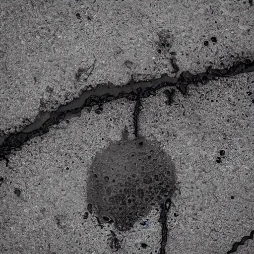 Prompt: plain fotography of a melted metal liquid on a grey dirty concrete