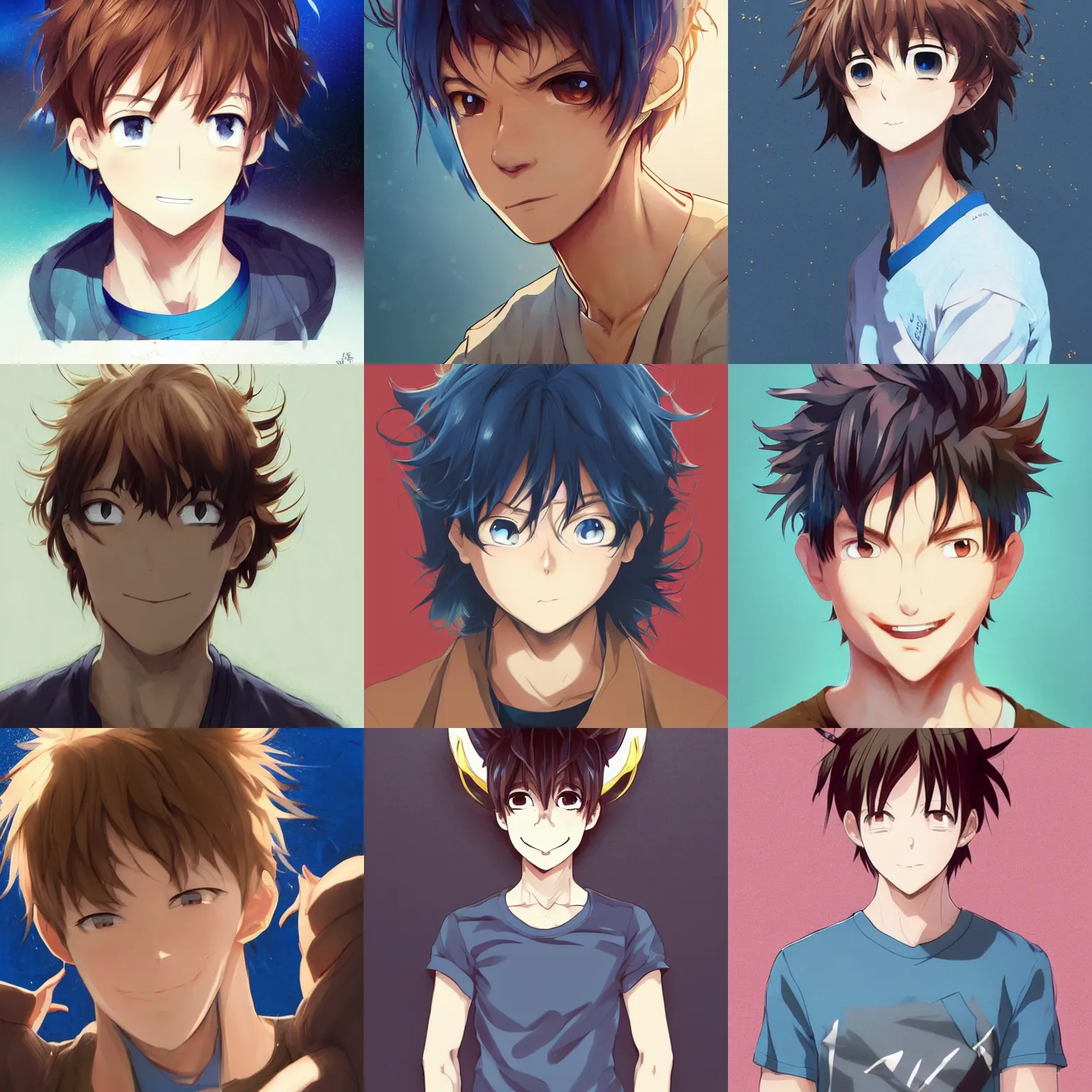 Prompt: A medium shot anime portrait of a happy anime man with extremely short light walnut hair and blue eyes, wearing a t-shirt, short messy hair on top of his head, solid background, by Stanley Artgerm Lau, WLOP, Rossdraws, James Jean, Andrei Riabovitchev, Marc Simonetti, and Sakimi chan, trending on artstation