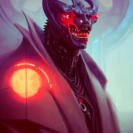 Image similar to a portrait of a demonic cybernetic duke of hell, cyberpunk concept art by pete mohrbacher and wlop and artgerm and josan gonzales, digital art, highly detailed, intricate, sci-fi, sharp focus, Trending on Artstation HQ, deviantart, unreal engine 5, 4K UHD image