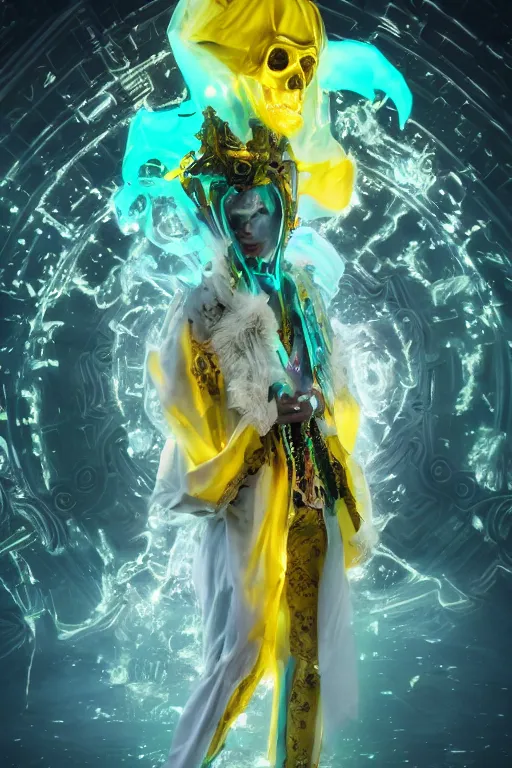 Image similar to photo of fullbody rococo and cyberpunk delicate neon crystalline sculpture of seductive muscular onyx albino marble prince joe jonas teal iridescent humanoid deity wearing yellow plastic hooded cloak holding an onyx skull in a onyx space dungeon, reclining, glowing yellow face, crown of white diamonds, cinematic lighting, photorealistic, octane render 8 k depth of field 3 d