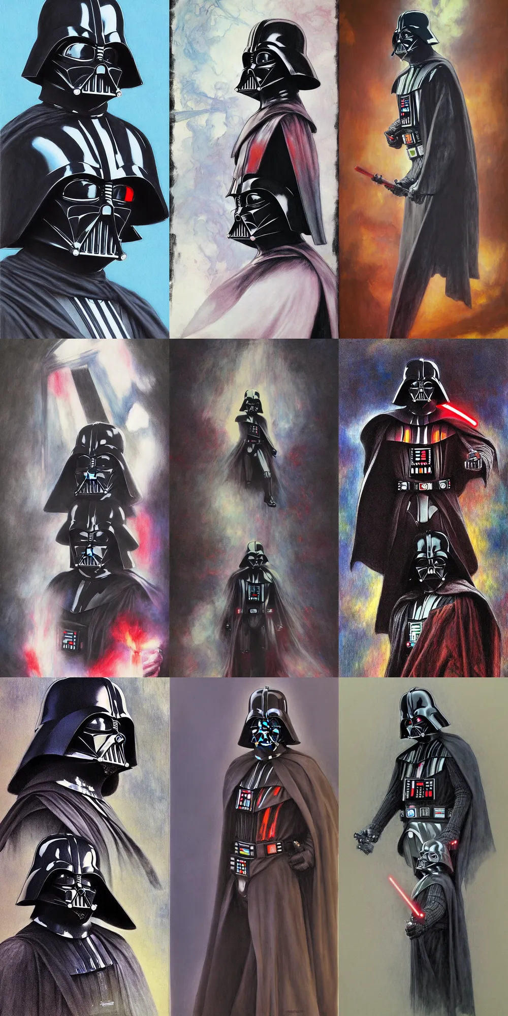 Prompt: darth vader, colored pencil, portrait painting by richard schmid, thomas moran, studio ghibli, loish, alphonse mucha, fashion photography